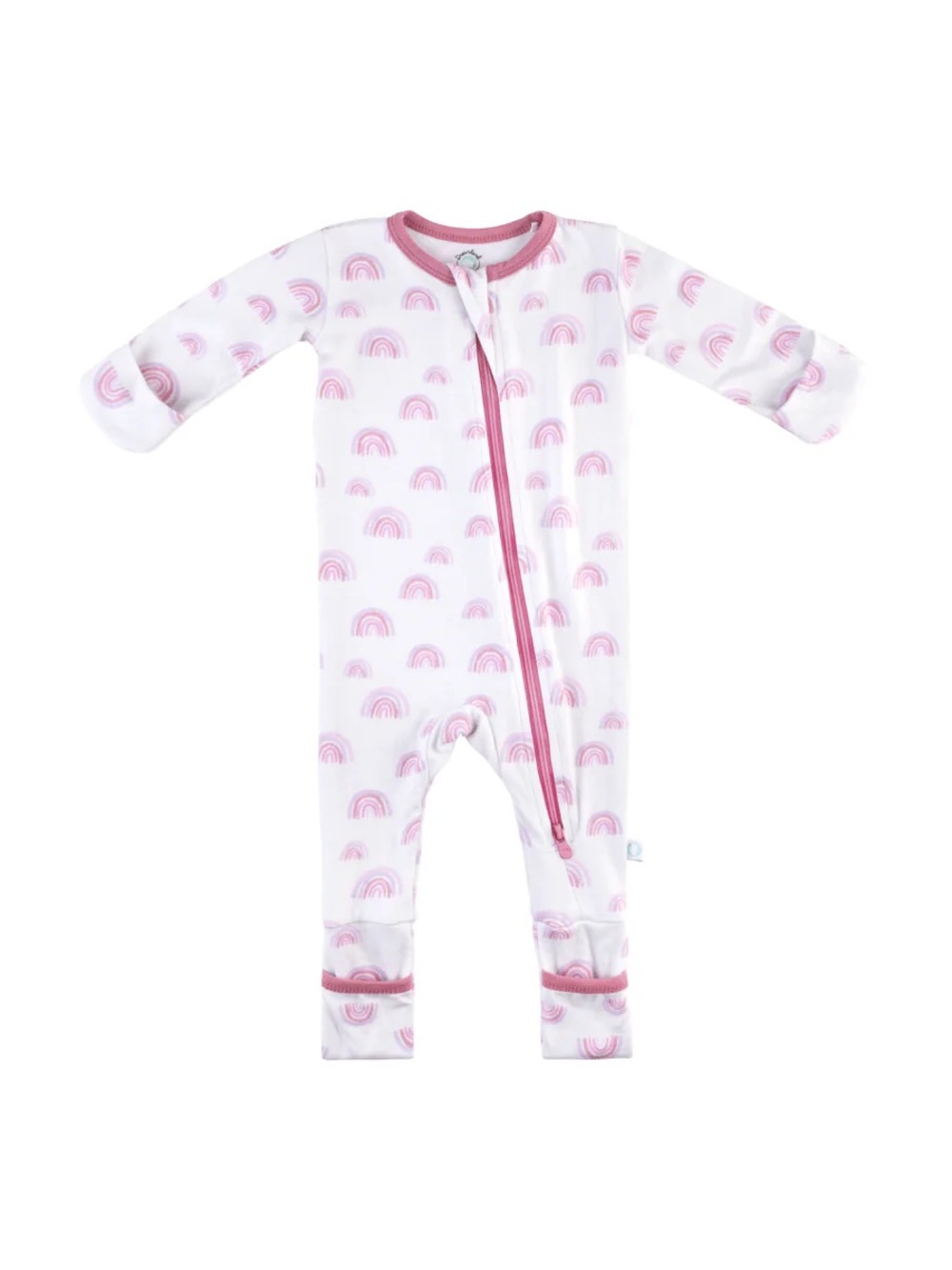Bamboo Baby Pajamas w/ Dreamcuffs White One-Piece Footie with Pink Rainbow Print